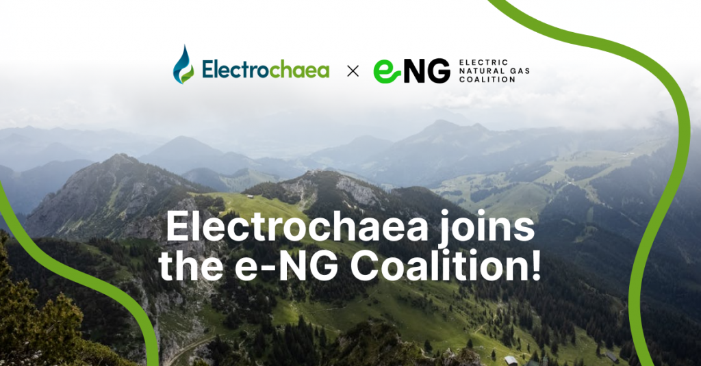 Green mountains with fog rolling over the top are shown. Electrochaea's and the e-NG Coalition's logos are shown. Below the text reads, 'Electrochaea joins the e-NG Coalition'.